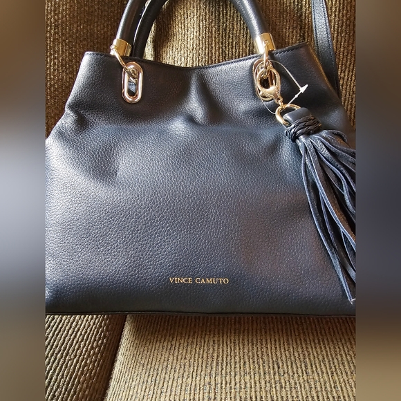 Vince Camuto Navy Blue leather Elva Satchel Handbag with crossbody strap NWT - Picture 2 of 16